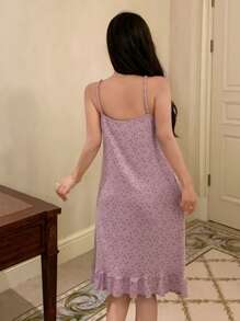 DAZY Đầm ngủ nữ họa tiết hoa xếp nếp nơ trang trí - Màu tím - Xem 2