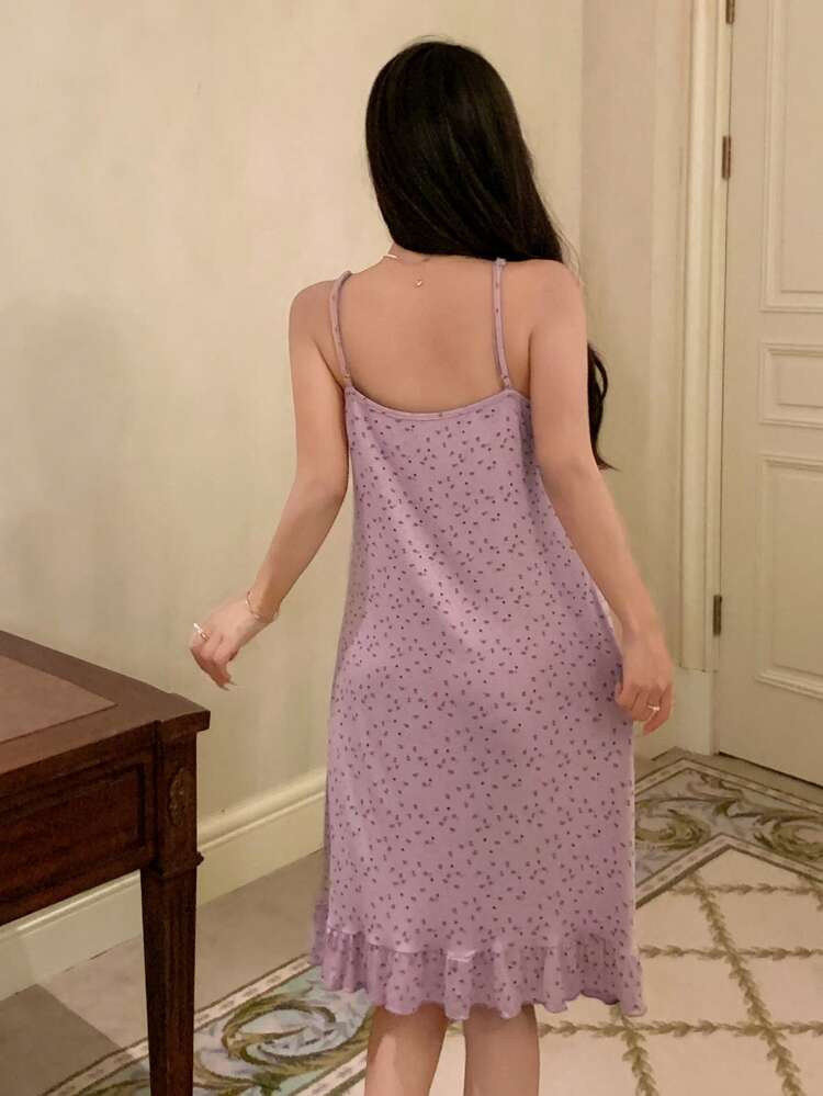 Bow Decor Ditsy Floral Ruffle Trim Ladies Nightgown Pajama