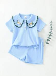 SHEIN Baby Girls' Floral Embroidered Collar Blouse & Shorts Set, Spring/Summer - Baby Blue - View 1