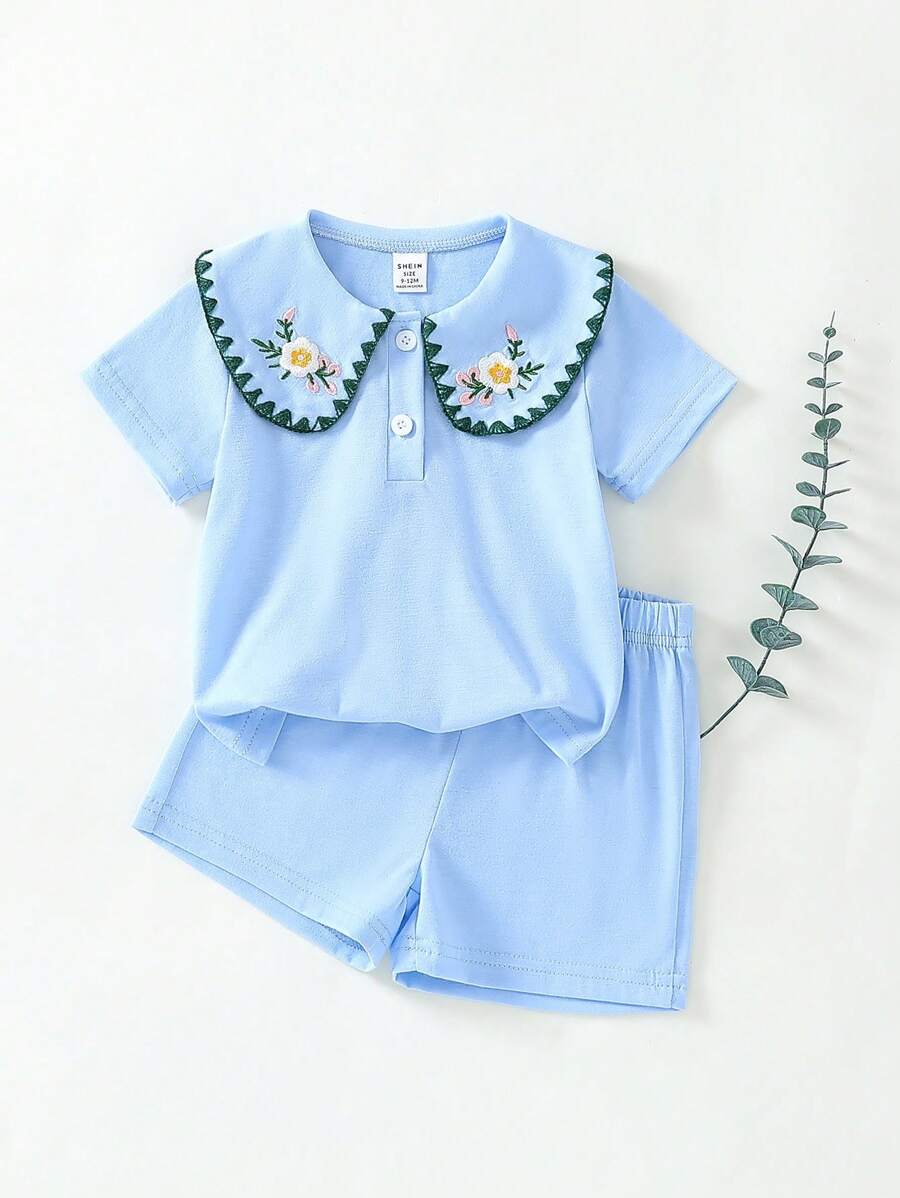 SHEIN Baby Girls' Floral Embroidered Collar Blouse & Shorts Set, Spring/Summer - Baby Blue - View 1