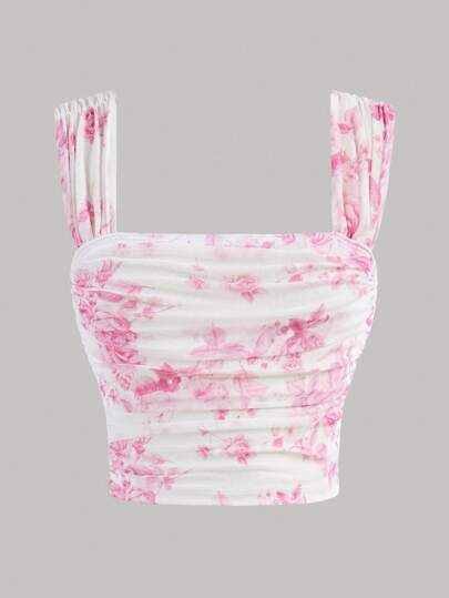 SHEIN Girlism 青少年女孩优雅方领花卉印花宽肩带背心