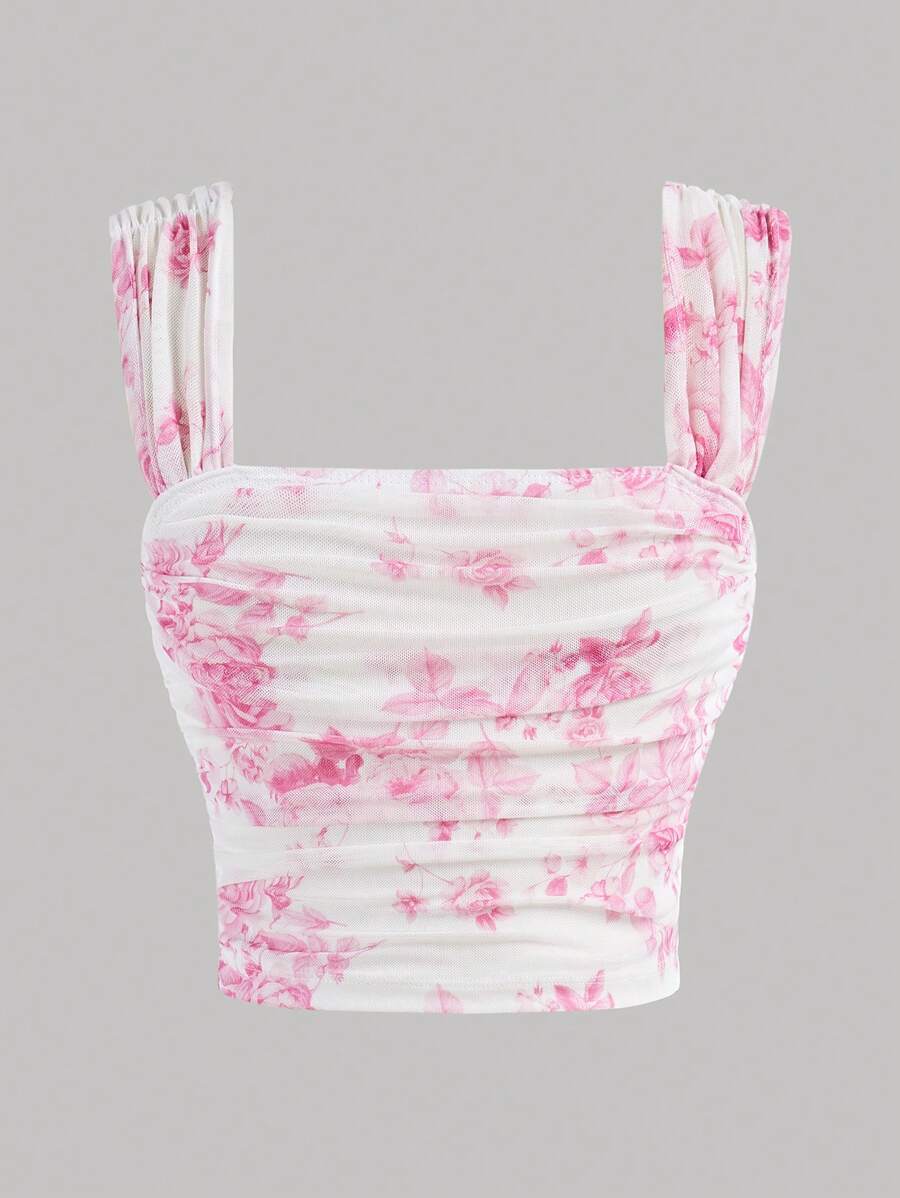 SHEIN Girlism Tween Girl Elegant Square Neck Floral Print Wide Strap Tank Top - Hot Pink - View 1