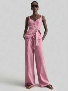 Ontre 2025 Women's Summer Linen Trousers, Pink Minimalist Fashion Suit Pants, Suitable For Commuting, Vacation, Comfortable And Refreshing Summer, Beach Resort, Music Festival, Teacher Wear - Pink - View 2