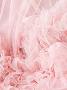 DreamSkyne 大码女式优雅青春甜美度假圆领短袖分层网眼蛋糕裙，春季荷叶边细节连衣裙，沙滩装 - 粉色 - 查看 5