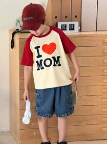 SHEIN 小男孩字母印花、撞色心形设计短袖 T 恤和牛仔裤 2 件套、母子装（单独出售） - 彩色 - 查看 9