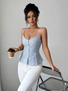 Elenzga 春夏度假风波西米亚棉质条纹纽扣褶裥弹力吊带背心（女款） - 藍白色 - 查看 3