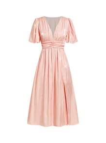 Ellevyn 优雅女士褶饰腰带喇叭下摆开衩中长连衣裙，奢华感适合社交场合 - 藕粉色 - 查看 12