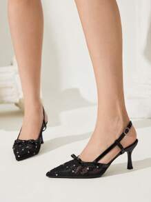 CUCCOO CHICEST 女士蝴蝶结刺绣蕾丝尖头细高跟鞋，优雅浪漫性感黑色网眼漆皮高跟鞋，露趾正装鞋，适合约会、派对、婚礼 - 黑色 - 查看 8
