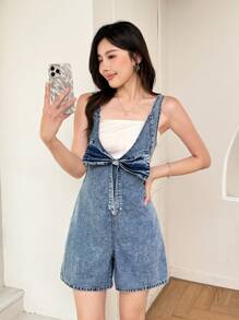SHEIN MOD 夏季女式无袖蝴蝶结V领休闲牛仔连体衣女式夏季服装 - 藍色 - 查看 5