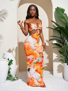 Slaydiva 女士优雅花卉印花无袖紧身吊带裙，腰部镂空，侧开衩，夏季度假风 - 黃色 - 查看 3