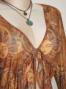 SHEIN ICON 加大码 Y2K 复古花卉印花前系带针织上衣，阳光佩斯利印花，波西米亚风，喇叭袖透明印花衬衫，音乐节，暑假 - 彩色 - 查看 6