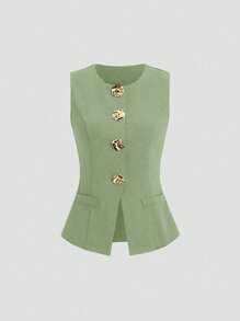 Sweetra Áo khoác mỏng không tay cỡ lớn, thường ngày/công sở, cài nút vàng phía trước, mùa xuân/hè - Màu xanh Bạc hà - Xem 1