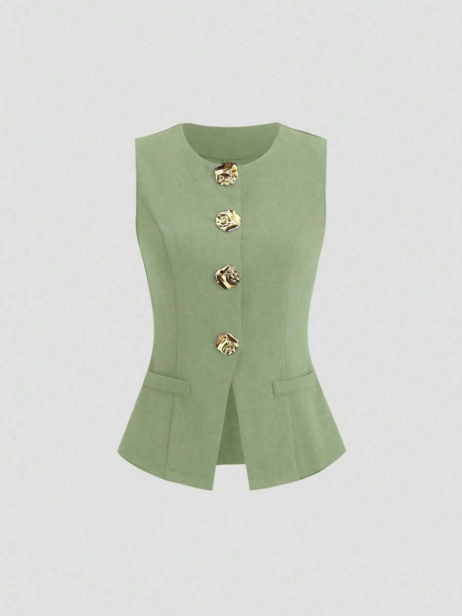 Sweetra Áo khoác mỏng không tay cỡ lớn, thường ngày/công sở, cài nút vàng phía trước, mùa xuân/hè - Màu xanh Bạc hà - Xem 1