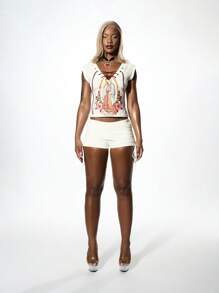 SUMWON WOMEN 艺术系带短款上衣 中世纪文艺复兴短款 T 恤背心 - 白色 - 查看 3