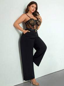 Firerie Plus Size Women's Elegant Lace Patchwork Halter Jumpsuit With Pockets, Comfortable Casual Holiday/Party/Date Night Bodycon Jumpsuit, Black