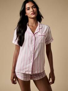 MISSGUIDED 经典睡衣套装纽扣衬衫短袖睡眠家居服舒适睡衣春夏季睡衣 - 粉色 - 查看 1