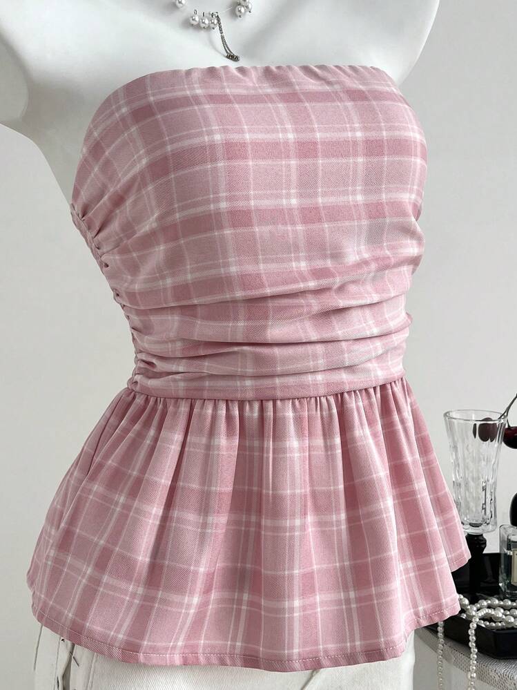 Elamini 女士格纹露肩洋装上衣，度假风格，春夏季 - 粉色 - 查看 6