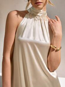 CLARA VERO Sleeveless Solid Color Ruffle Hem Tie Waist Elegant Dress - Beige - View 4