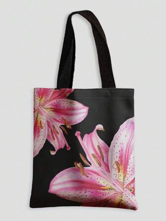 Kawaii 1 pieza Bolso de lona de tote con estampado floral doble cara, versátil para ir al trabajo y vacaciones, color rosa