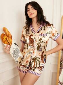 Leopard Patterned Sateen Women's Pajama Set - Beige - View 6