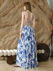 SHEIN LUNE Robe de plage d'été de haute qualité à volants fleuris pour femmes, bleu français, pour les vacances - Bleu et Blanc - Voir 4