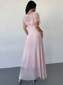 Firerie 女士优雅浪漫约会休闲假日海滩下午茶粉色网眼 V 领花卉装饰束腰 A 字长裙 - 淺粉色 - 查看 2