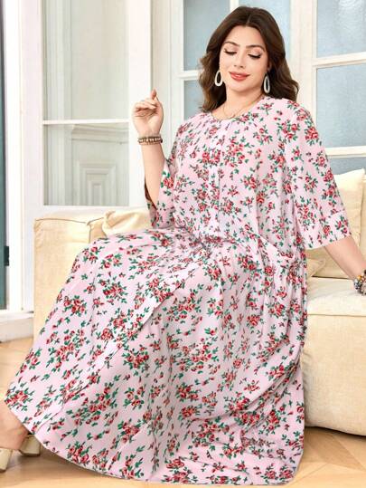 Lacomfia Women's Roomy Ditsy Floral 3/4 Sleeve Pleated Pocket Casual Dress, Elegant & Comfortable For Everyday, Plus Size
