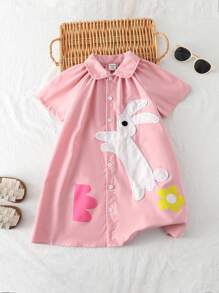 SHEIN 女童翻领前纽扣装饰可爱花卉印花褶皱下摆短袖连衣裙，夏季