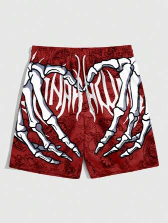 Street Life Pantalones cortos de moda de verano para hombres con estampado de calavera, mano y flor de anacardo