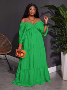 SHEIN CURVE+ Plus Size V-Neck Dress For Summer Holiday, Orange Boho Vacation Beach Outfits For Woman/Beach Dress/Beach Vacation Outfits/Beach Essentials / Graduation/Tea Party Dress - Green - View 6