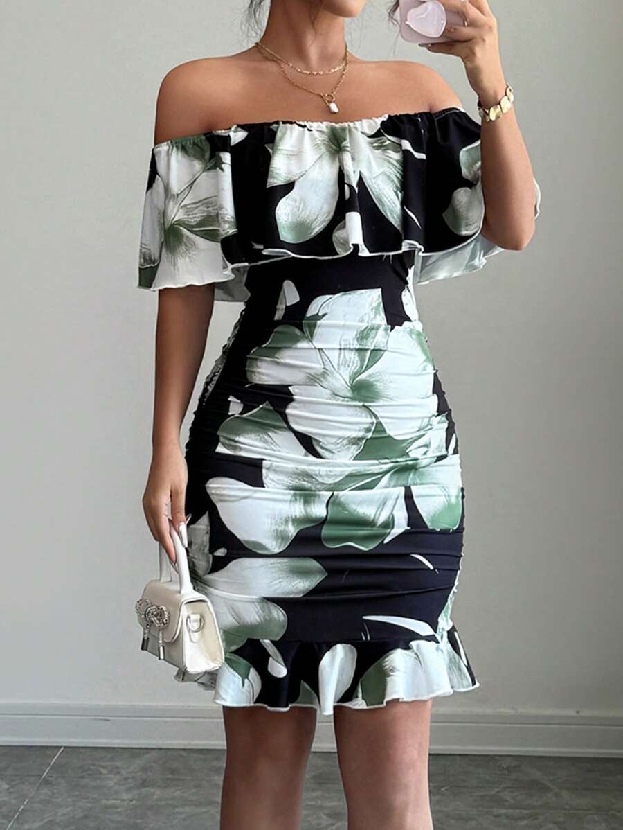 Selianne Tropical Print Off Shoulder Ruffle Trim Ruched Bodycon Dress Vacation Beach Outfits Women - Multicolor - View 1