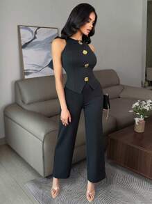 Vavine 优雅商务休闲女装，金属纽扣装饰女式无袖高弹力性感吊带背心和裤子两件套休闲套装 - 黑色 - 查看 4