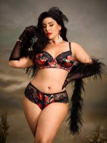 2 件加大码花卉印花钢圈文胸和内裤套装，复古风格蕾丝拼布提升文胸，性感浪漫，适合度假和日常穿着