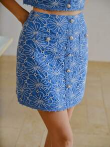 MOTF PREMIUM 刺绣花卉图案纽扣前裙 - 藍色 - 查看 4