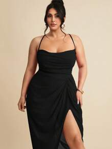 SHEIN BAE 大码女式夏季纹理性感开叉大腿礼服，女士夏季连衣裙，女士婚礼宾客礼服 - 黑色 - 查看 5