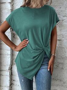 SHEIN LUNE Women's Solid Color Casual Twisted Crew Neck Short Sleeve T-Shirt - Green - View 6