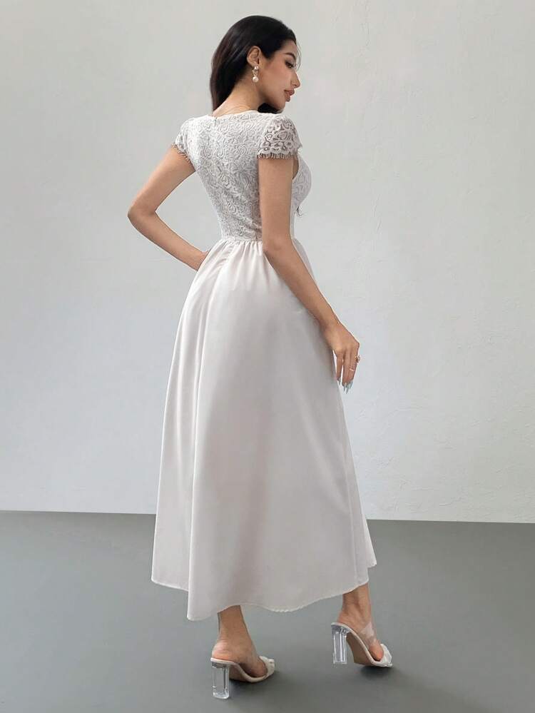 White Contrast Lace V-Neck Flowy Dress For Women, Summer