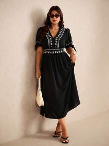 Elaquor 大码V领刺绣花卉长裙，时尚休闲通勤黑色长裙，2025春夏新款松紧腰长裙 - 黑色 - 查看 1