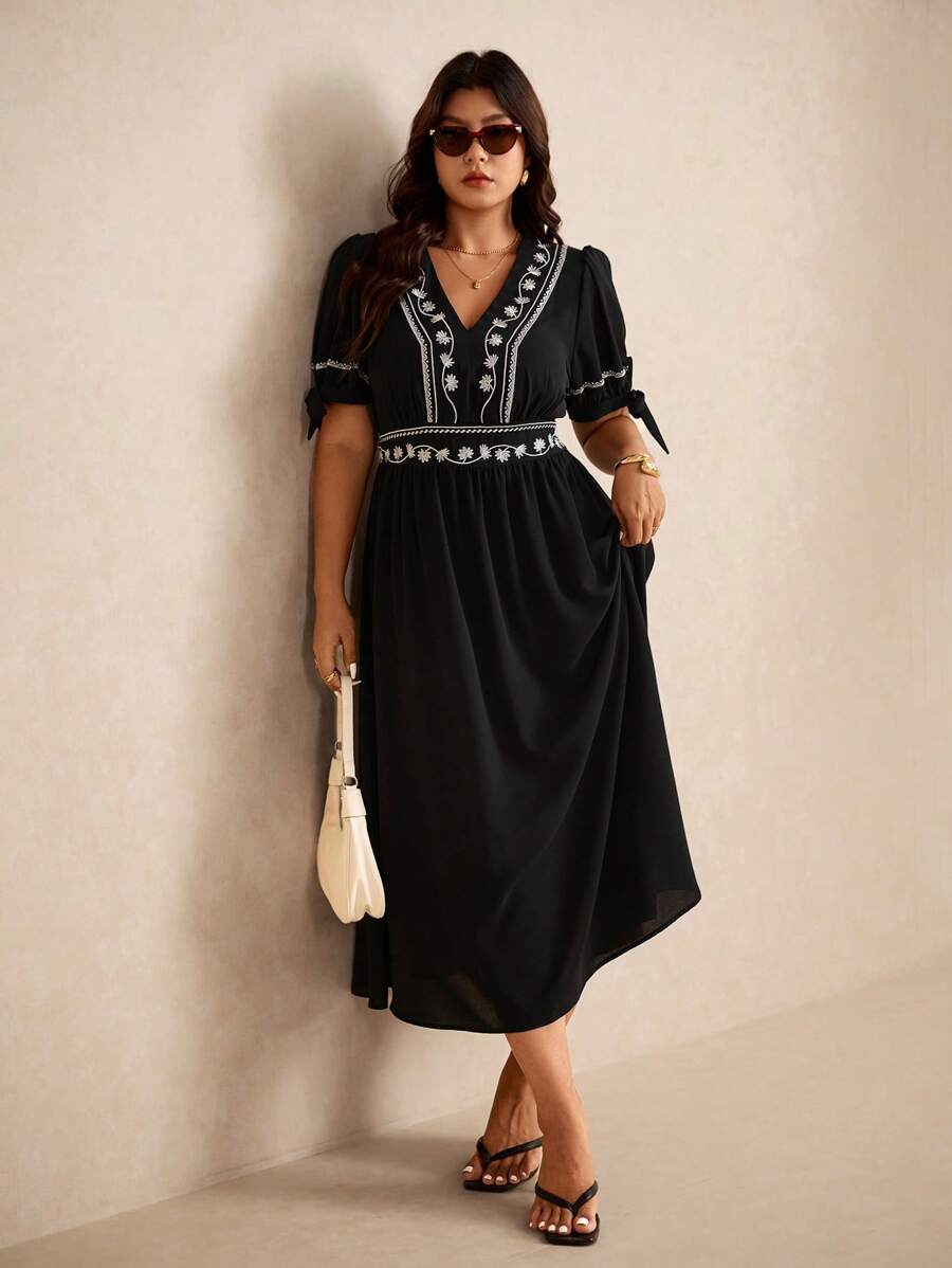 Elaquor 大码V领刺绣花卉长裙，时尚休闲通勤黑色长裙，2025春夏新款松紧腰长裙 - 黑色 - 查看 1