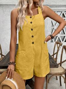 EMERY ROSE 女士纯色休闲度假风格单纽扣连体裤，夏季新年服装 - 黃色 - 查看 3