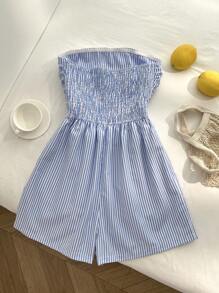 Elamini 女式条纹休闲宽松腰部连体衣 - 藍色 - 查看 2