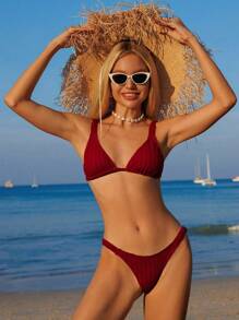 Swim Mod Bộ đồ bơi hai mảnh Springbreak Plain Textured có miếng đệm có thể tháo rời và thiết kế xếp ly - Đỏ - Xem 3