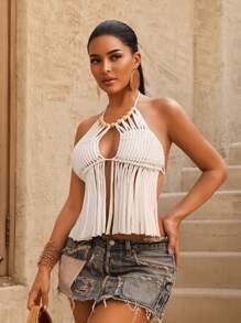 Sirith Top corto estivo da donna, con schiena scoperta, collo alla halter e orlo con frange - Bianco - Visualizzare 3