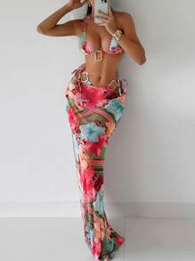 Bonvoyette 3 件套女士印花三角形比基尼上衣，带颈链装饰，迷你裙套装 - 玫瑰紅 - 查看 1