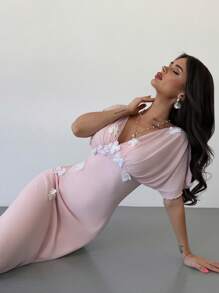 Firerie 女士优雅浪漫约会休闲假日海滩下午茶粉色网眼 V 领花卉装饰束腰 A 字长裙 - 淺粉色 - 查看 4