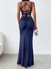 EURMUSE Summer Solid Color Ruched Halter Neck Dress With High Slit And Criss Cross Back - Navy Blue - View 2