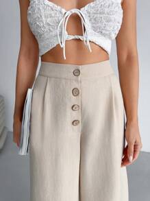 EURMUSE Women Solid Color Button Front And Pocket Detailed Wide Leg Pants Women Summer Clothing Women S Bottoms Women Clothing Summer Outfits - Flint Stone - View 5