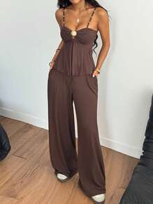 Gloray 女士金属外壳装饰吊带背心和裤子度假休闲套装，春夏 - 咖啡棕 - 查看 3