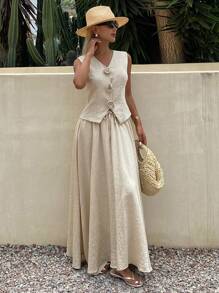 DAZY 2件套女士纯色无袖单排扣背心和半裙套装，春夏款 - 卡其色 - 查看 5