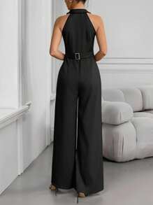 INAWLY Women's Elegant Solid Color Wide Leg Jumpsuit, Summer - Black - View 2